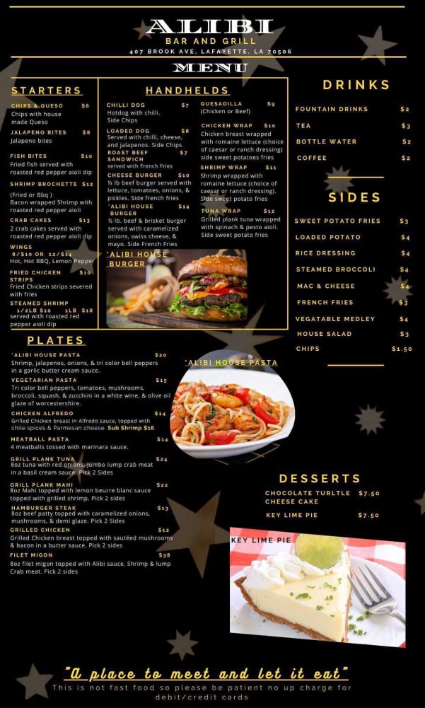 Alibi menu on sale