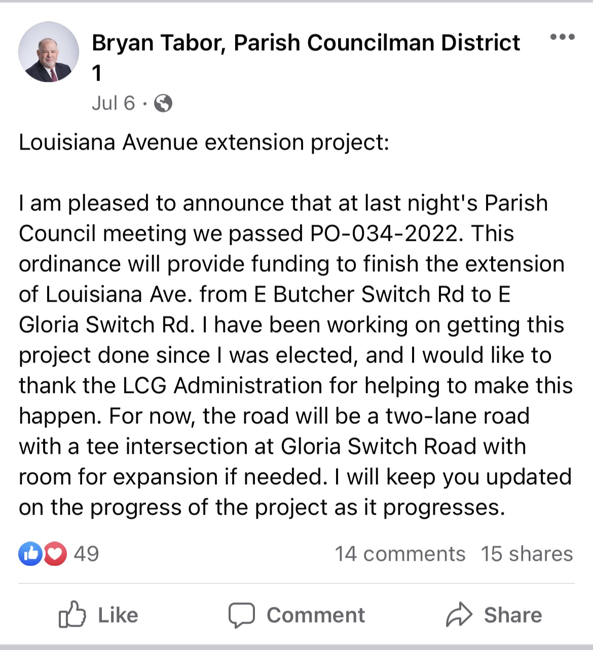 Louisiana Avenue Extension To Gloria Switch Set For Completion, No Set